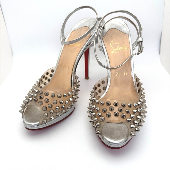 Christian Louboutin Shoes - Christian Louboutin St Jeannette‎ 120 Studded Peep Toe Heels Size 38.5